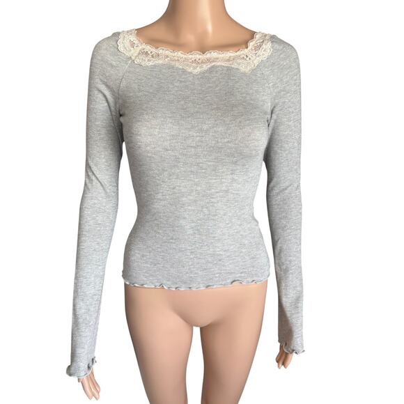 Free People Tops - Free People Lace Trim Thermal Top Bell Sleeve Coquette Light Boho Gray NWT M